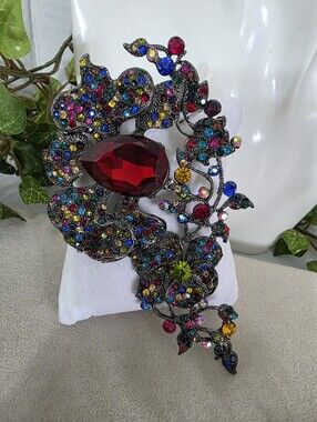 Vintage Large Multicolor Rhinestone Statement Floral Brooch Pendant Pin
